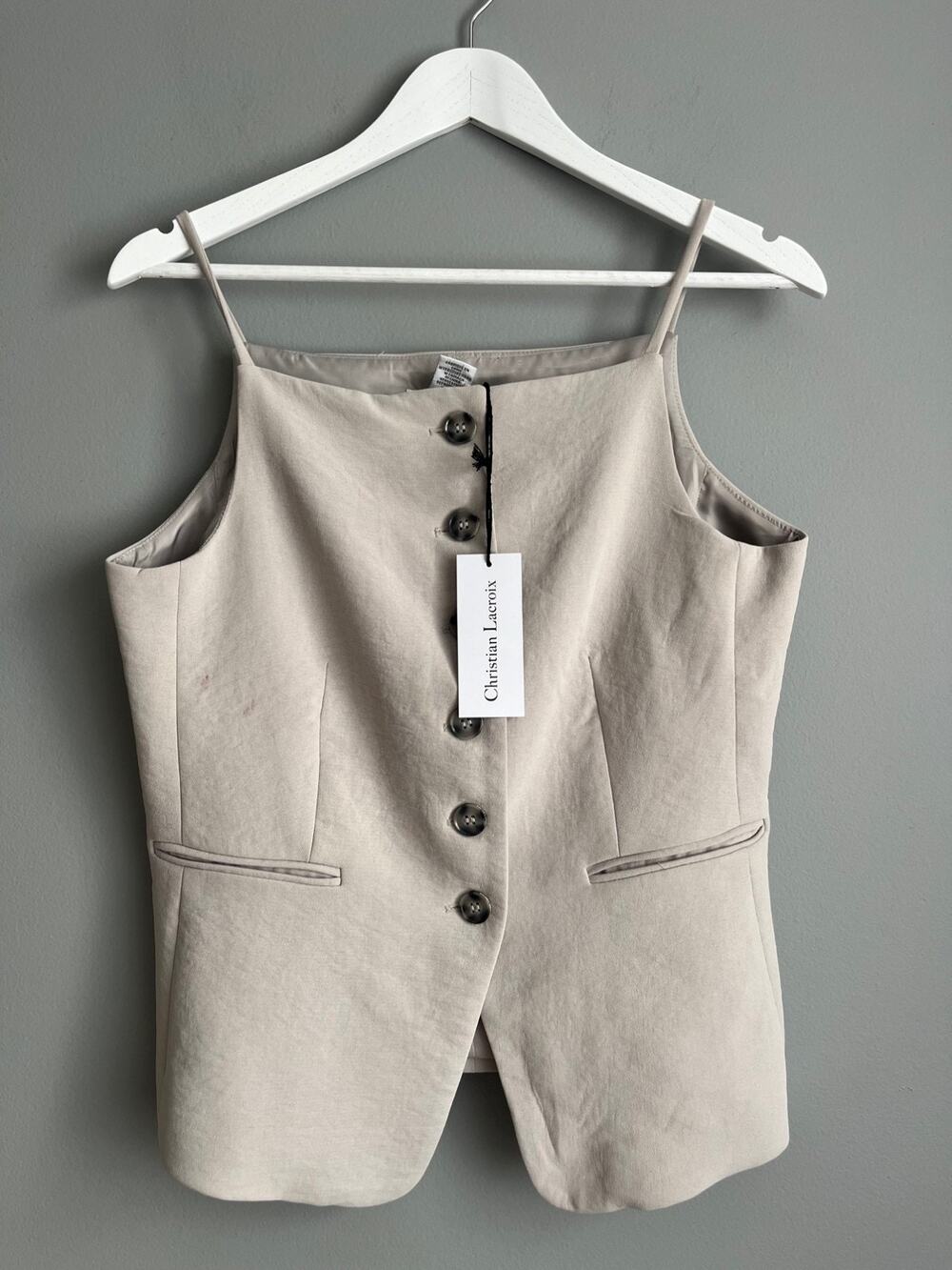 Christian Lacroix NWT Button Front Vest 8 Beige Taupe Lined Pockets Old Money